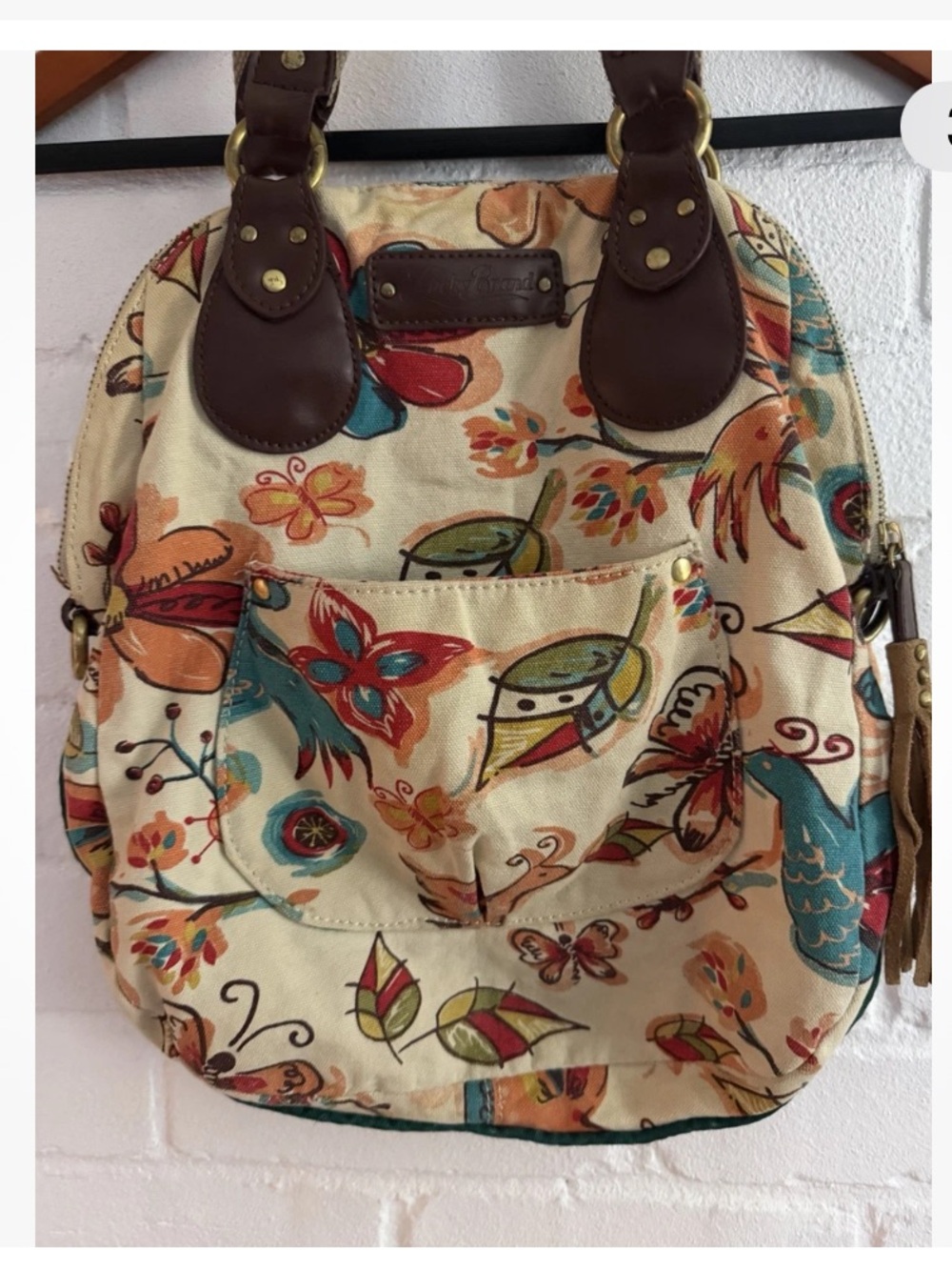 Lucky Brand Cream Canvas Floral Shoulder Bag with Brown Trim - Picture 2 of 8